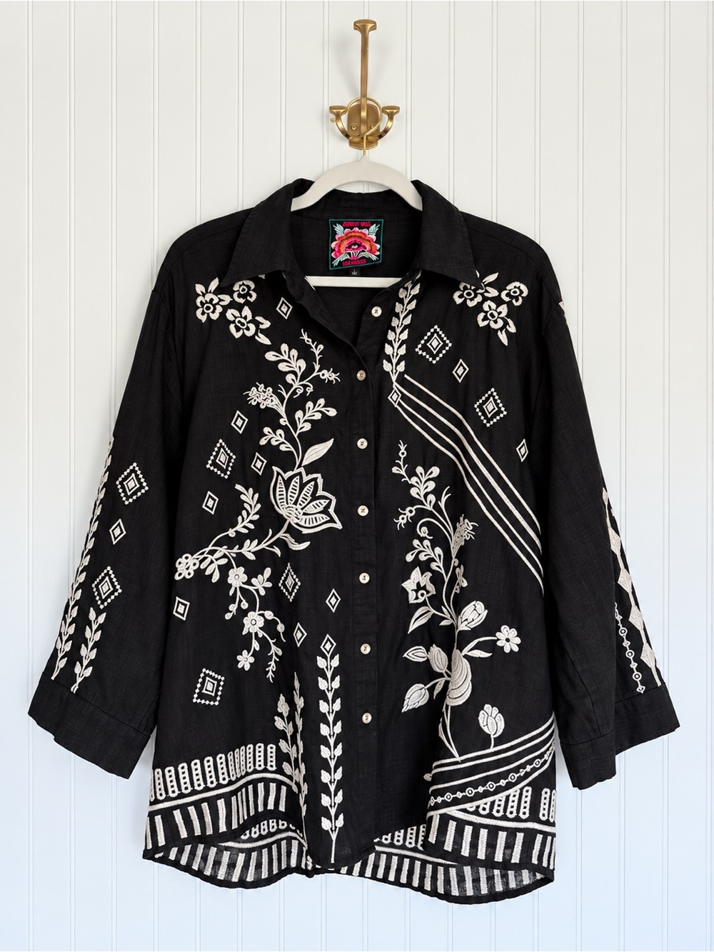 Johnny Was Francis Kimono Sleeve Shirt L Black Embroidered Linen Boho $248